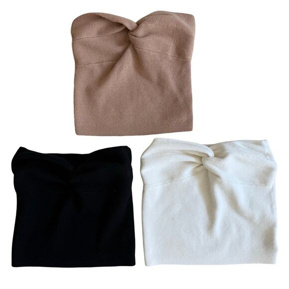 $54 Set of 3 White/Black/Tan Twisted Sweetheart Strapless Tops - S - Picture 2 of 8